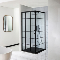 Cabine de douche carrée - Porte coulissante triple - Effet verrière noir - Avec receveur à effet texturé anthracite - 90 cm x 90 cm - Barq