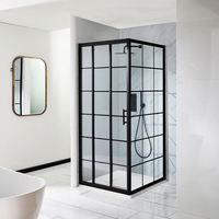 Cabine de douche carrée - Porte coulissante triple - Effet verrière noir - Avec receveur à effet texturé blanc - 90 cm x 90 cm - Barq