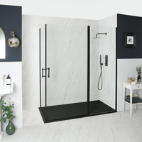 Cabine de douche d’angle rétro – Double portes pivotantes – Noir – 90 cm x 90 cm - Receveur à effet texturé anthracite - Langley