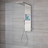 Colonne de douche thermostatique exposée avec étagère,  grand pommeau pour paroi de douche italienne,  douchette et buse hydromassante – Acier brossé – Iko