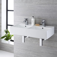 Double vasque suspendue moderne – Blanc – 82 cm x 42 cm (2 trous) - Halwell