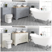 Ensemble de salle de bain rétro avec baignoire îlot,  meuble sous lavabo 120 cm avec vasques à poser et ensemble WC à poser – Thornton