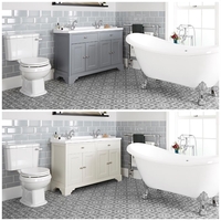 Ensemble de salle de bain rétro avec baignoire îlot,  meuble sous lavabo 120 cm et pack WC – Thornton