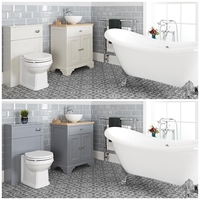 Ensemble de salle de bain rétro avec baignoire îlot,  meuble sous lavabo 64, 5 cm avec vasque à poser et ensemble WC à poser – Thornton