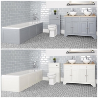 Ensemble de salle de bain rétro avec baignoire,  meuble sous lavabo 120 cm avec vasques à poser et ensemble WC à poser – Thornton