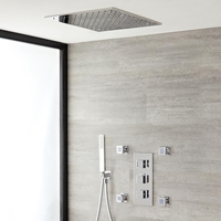 Kit de douche thermostatique avec mitigeur avec inverseur,  pommeau encastré,  douchette et buses hydromassantes – 3 fonctions – Chromé - Kubix