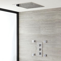 Kit de douche thermostatique encastrable avec pommeau encastré et buses hydromassantes – 2 fonctions – Chromé – Kubix