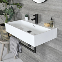 Lavabo suspendu rectangulaire moderne – Blanc – 75 x 42 cm – avec porte-serviettes noir - Sandford - Hudson Reed