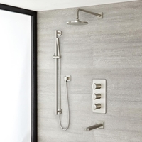 Mitigeur Thermostatique - Pommeau Ø 18, 8 cm - Kit douchette,  Bec verseur baignoire - Nickel brossé - Aldwick