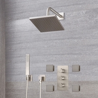 Mitigeur Thermostatique Douche - Pommeau 20cm - Buses hydromassantes & Douchette sur clip - Nickel Brossé - Harting