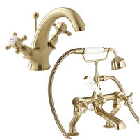 Pack mélangeurs bain douche et lavabo – Commandes en croisillon – Or satiné – Design rétro - Elizabeth - Hudson Reed