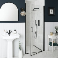 Porte de douche pivotante - Design rétro - Rectangulaire - Poignée vintage – Noir – 80 cm - Langley - Hudson Reed