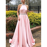 A-Line Beautiful Back Elegant Engagement Prom Dress Halter Neck Sleeveless Sweep / Brush Train Satin with Beading 2021 miniinthebox