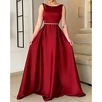 A-Line Beautiful Back Elegant Wedding Guest Formal Evening Dress Boat Neck Sleeveless Sweep / Brush Train Satin with Pleats 2020 miniinthebox