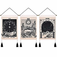 Pack of 3 Tarot Divination Bohemian Wall Tapestry Art Decor Blanket Curtain Hanging Home Bedroom Living Room Decoration Nordic Cotton Linen Tassel Moon Stars Sun 14 x 20