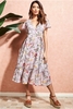 City Goddess Wrap Flutter Sleeve Floral Midi Dress - Beige