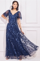 Goddiva Flared Sleeve Embroidered Maxi Dress - Navy